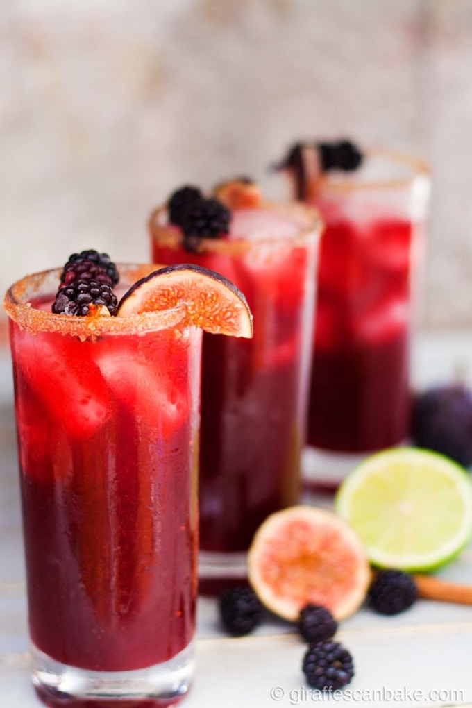 15 fall cocktails - 3 tall glasses of blackberry cinnamon fig margaritas in a row