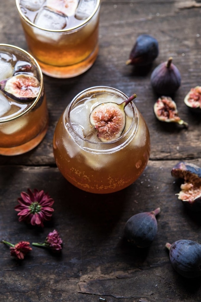 15 fall cocktails - bourbon fig cider smash on board with figs