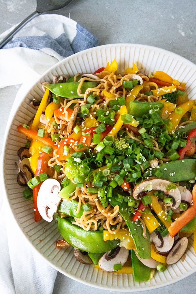 overhead of asian noodle salad in white bowl