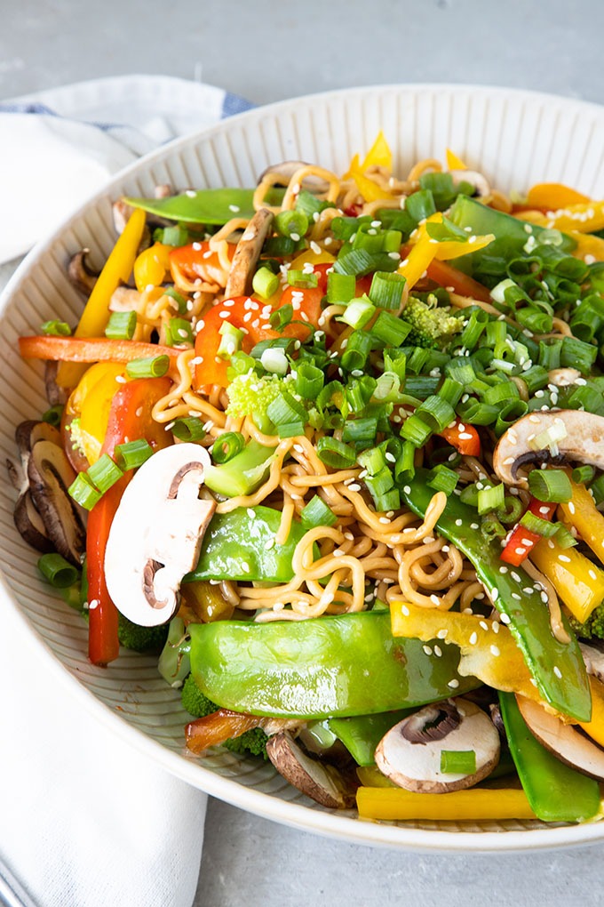 asian noodle salad in white bowl