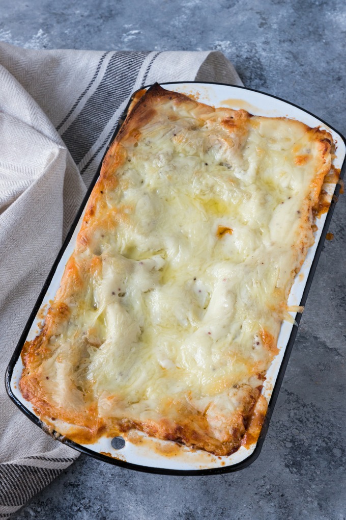 cooked beef lasagne in enamelware loaf tin