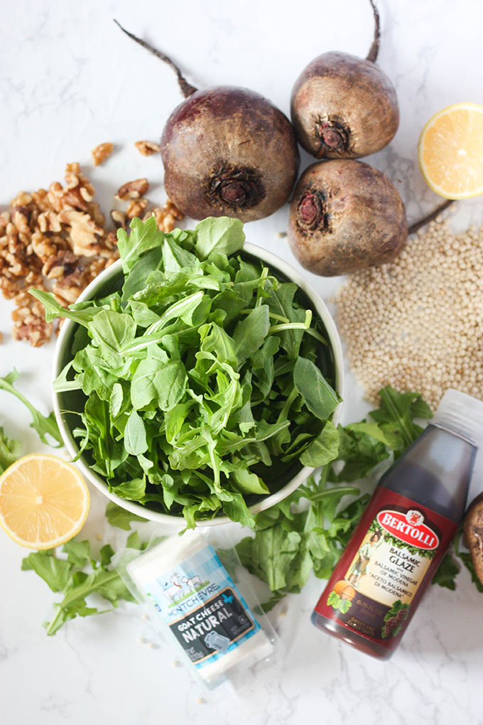 beetroot goat cheese salad ingredients - arugula, beetroot, walnuts, goat cheese, lemon juice and balsamic glaze