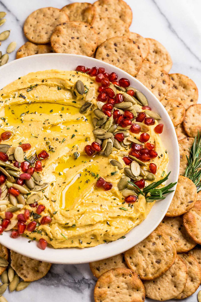 butternut squash hummus in white bowl