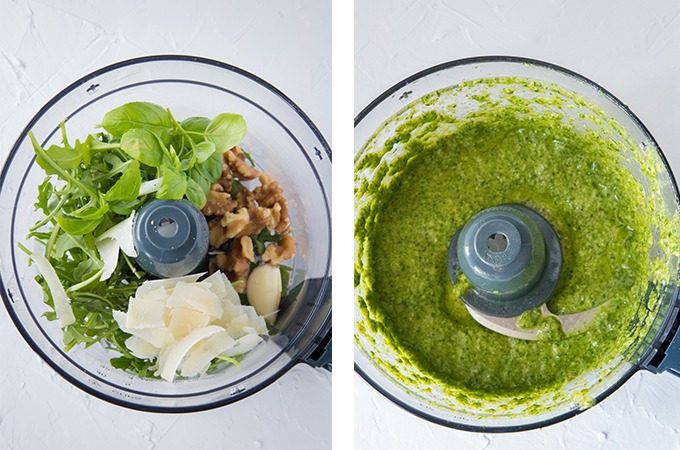 arugula pesto collage, from left to right, left - pesto ingredients in a food processor, right - pesto blended until smooth