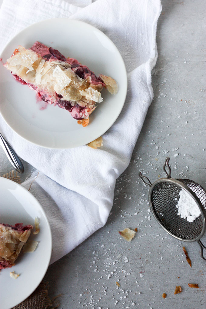 Cheese and cherry strudel - a soft creamy center with a crunchy outside www.thehomecookskitchen.com