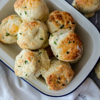 overhead of savoury scones in blue and white enamel dish