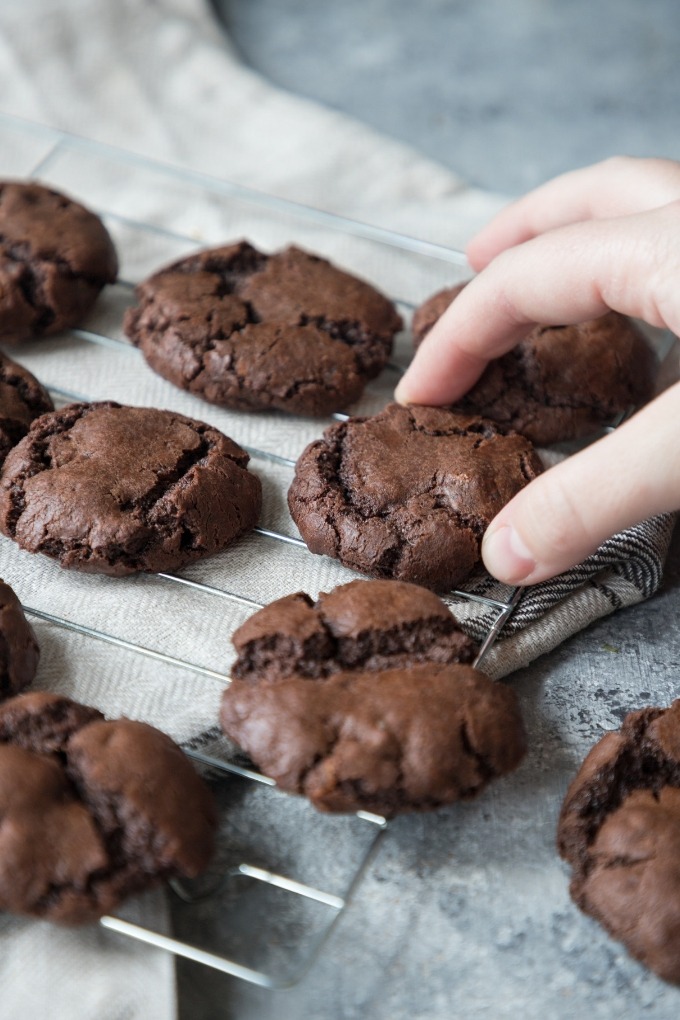 hand reaching to grab a chocolate ginger cookie