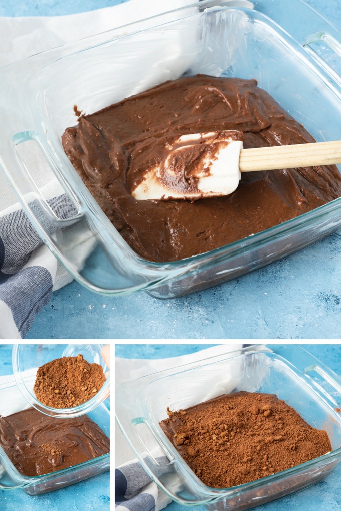 chocolate self saucing pudding process collage from top - pudding poured into greased tin, bottom left - sugar and cocoa being sprinkled into dish, bottom right - cocoa and sugar on top of dish