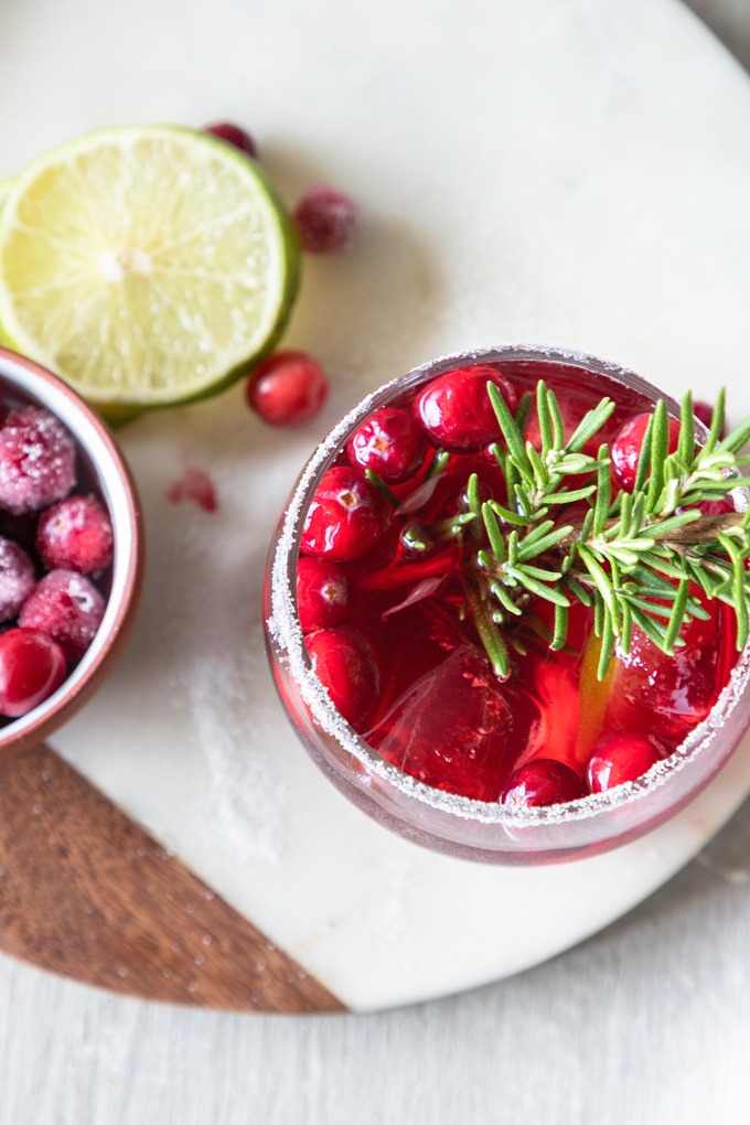 overhead cranberry margarita on marble board