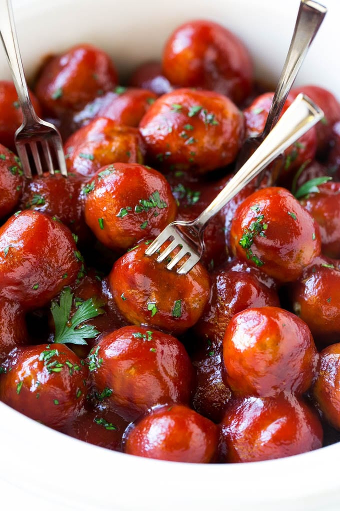 cranberry meatballs in white bowl 