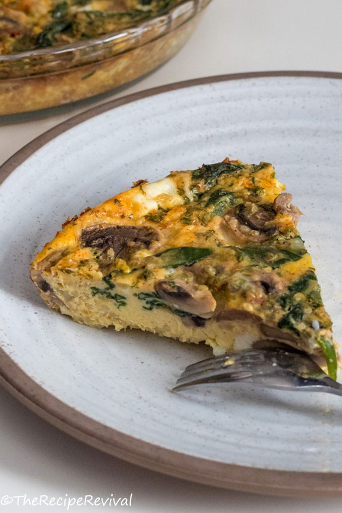 a slice of breakfast pie on a white and brown plate