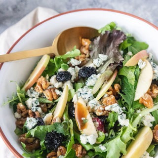 fall harvest salad in white terracotta bowl