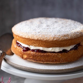 sponge cake on white cake stand