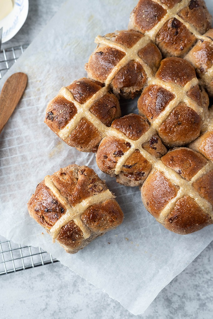 hot cross buns over head with parchment paper