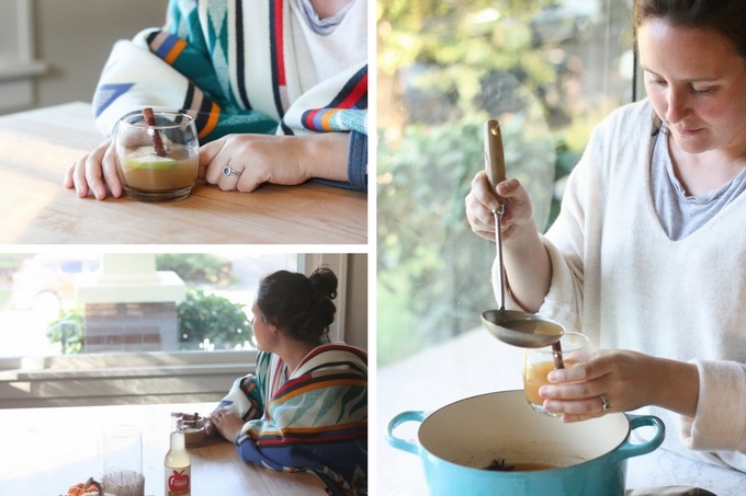 collage of person drinking hot spiced apple cider - top left image hot spiced apple cider glass sitting in front of person, image bottom left person holding cider glass staring out window, right image person ladling hot spiced apple cider into glasses