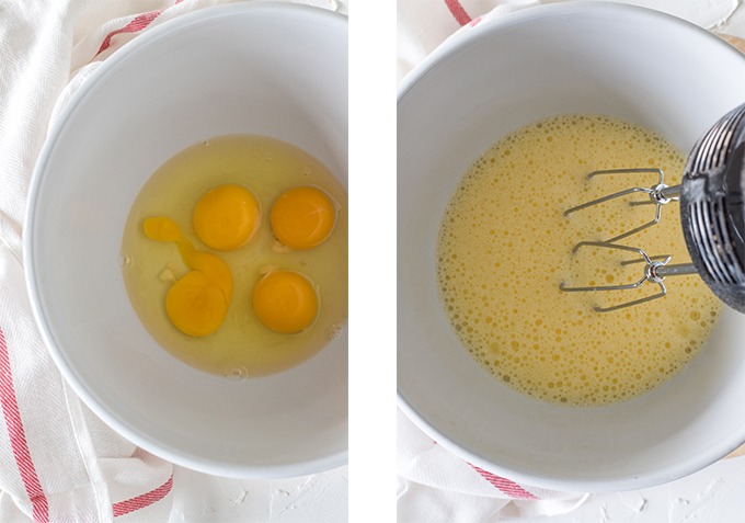 side by side shot of eggs and eggs after being beaten for 5 minutes. eggs are light and fluffy