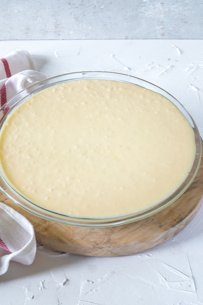 lemon coconut tart, pre baking in 9 inch or 28 cm pie dish