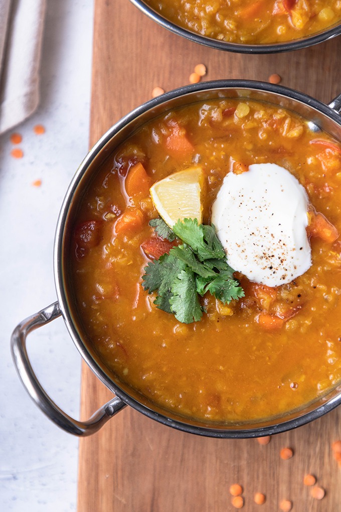 close up lentil dal on board