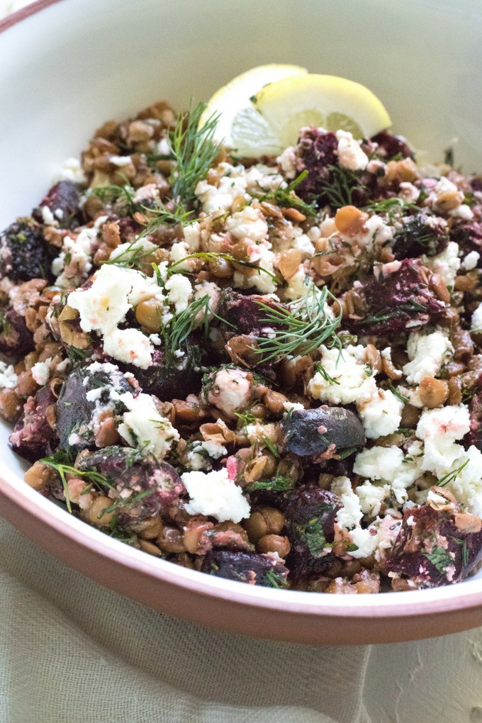 beetroot feta lentil salad in white and brown bowl