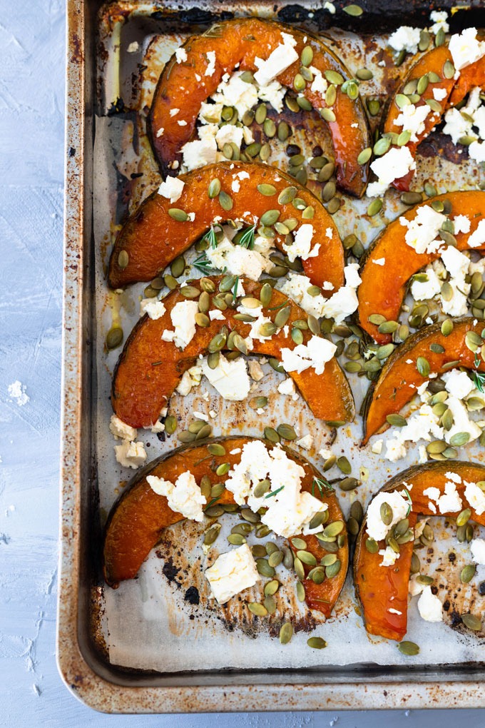 maple roast pumpkin on large baking tray