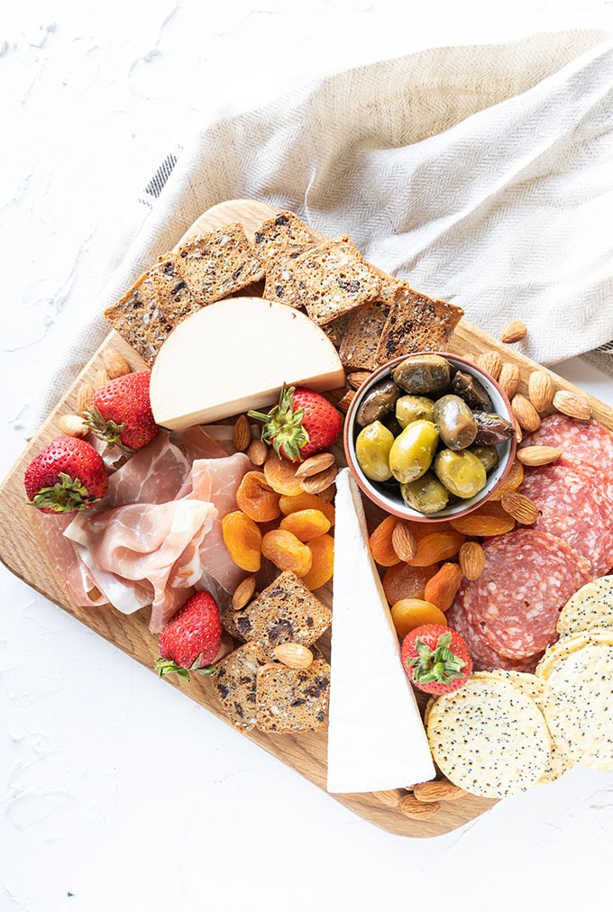 overhead of meat and cheese board