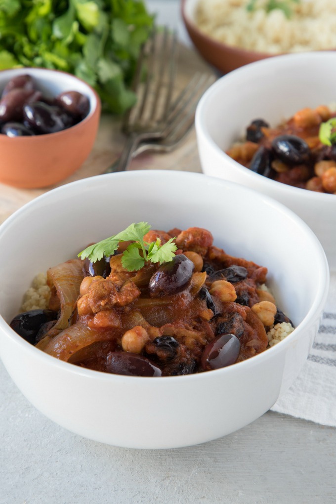 moroccan chicken stew in white bowl