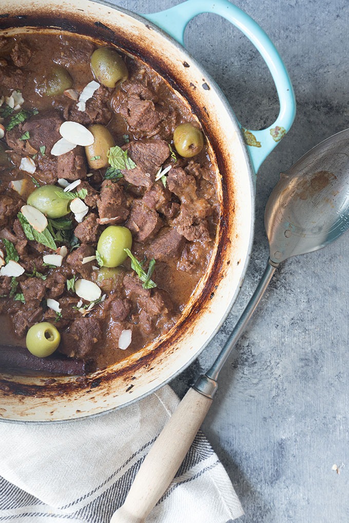 moroccan lamb tagine in blue dutch oven