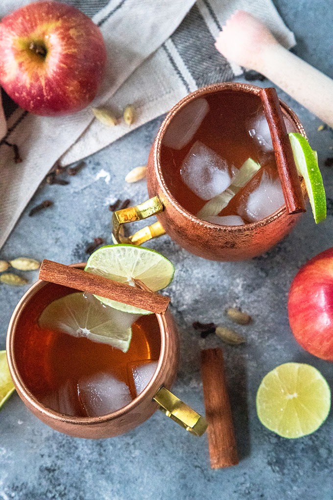 overhead of apple cide rmoscow mule in copper mugs