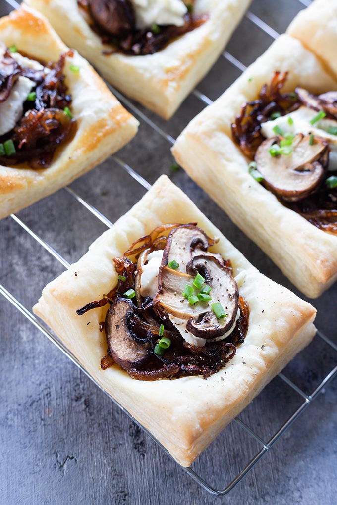 close up mushroom tart on wire rack