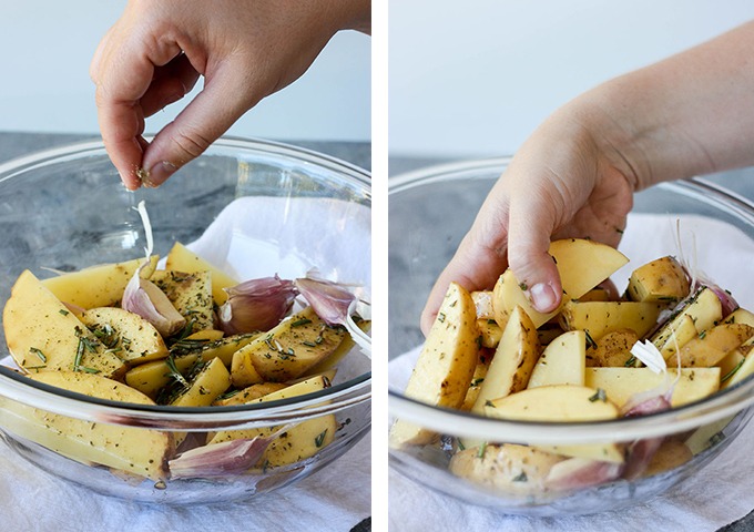 oven baked fries collage from left to right. left image - hand sprinkling salt into bowl of potatoes, right image - hand reaching into mix potatoes