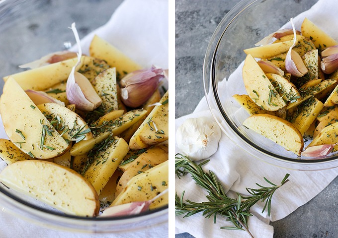 oven baked fries recipe collage, from left to right - potatoes in clear bowl with olive oil, close up image, right, oven baked fries in bowl overhead