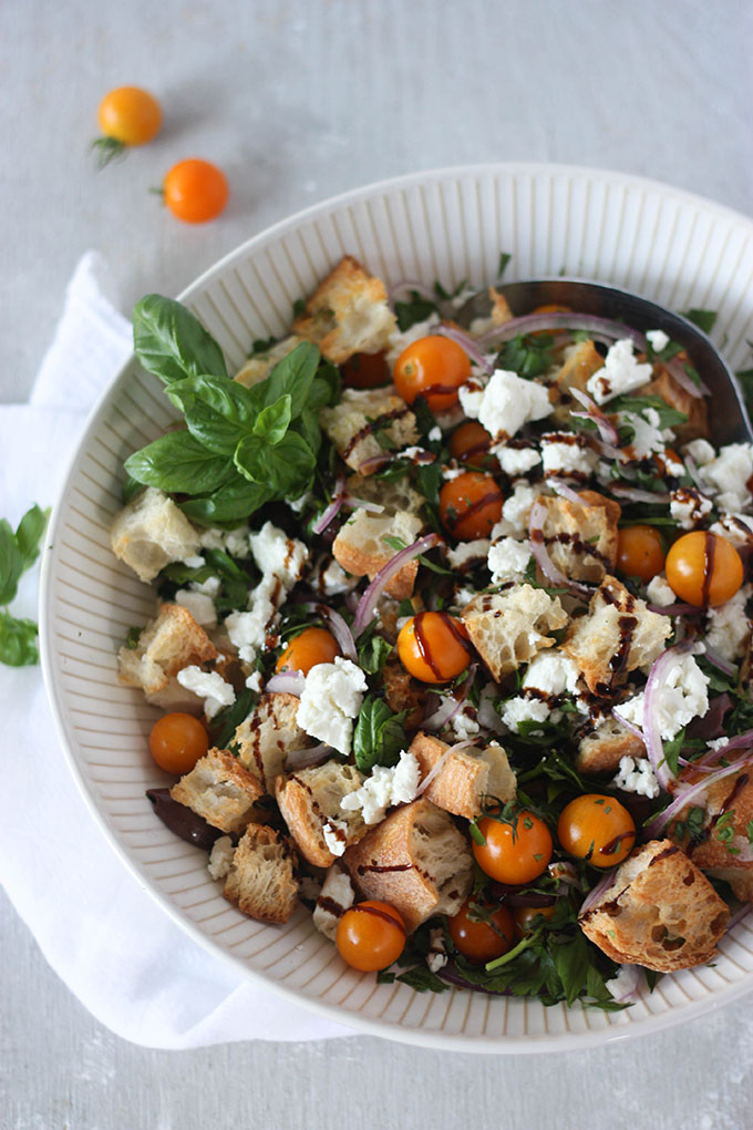 panzanella salad in white bowl