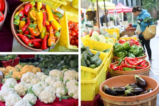 farmers market collage top left bell peppers, bottom left cauliflower, right image market produce