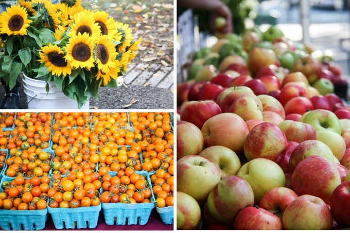 farmers market produce collage top left sunflowers, bottom left tomatoes, right image fresh apples