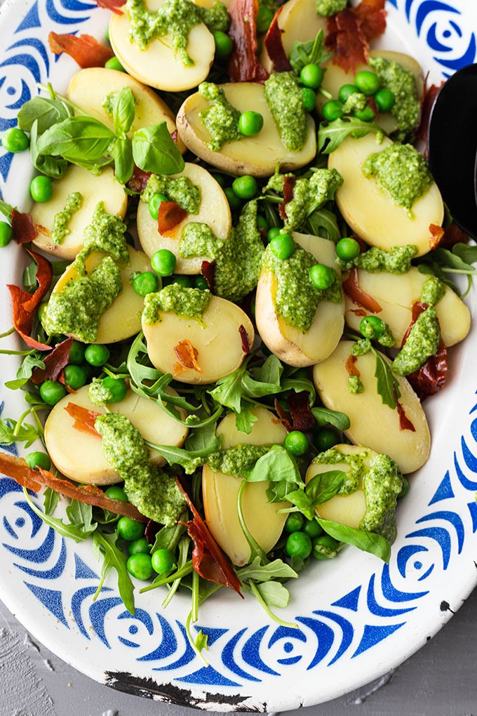 close up pesto potato salad