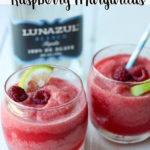 Pinterest graphic - two raspberry margaritas with text at top of image in white banner