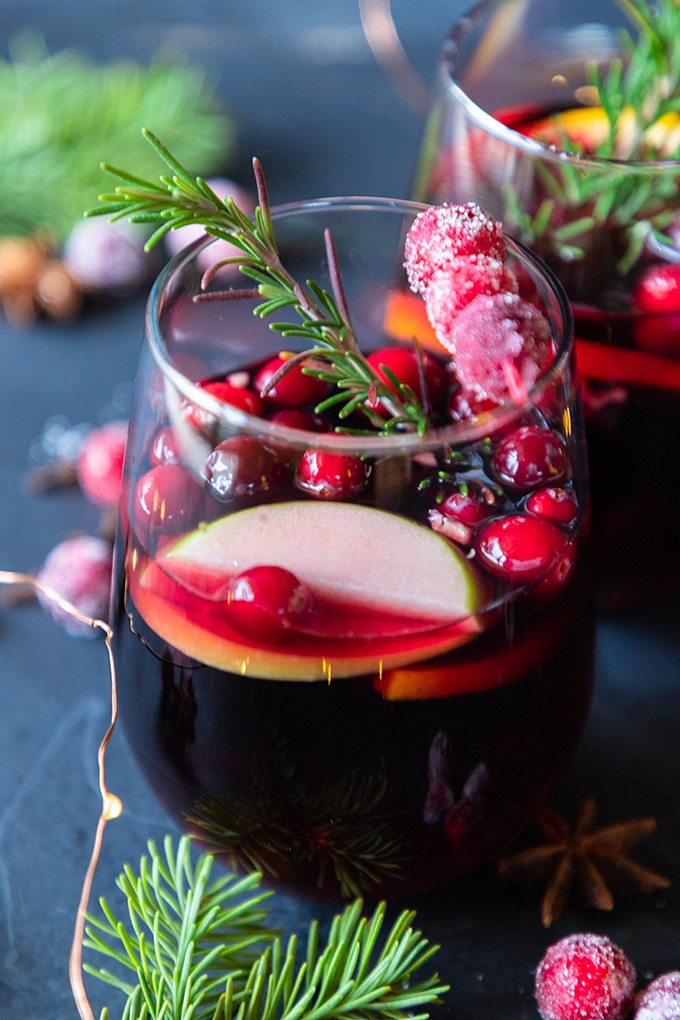 close up red sangria in wine glass