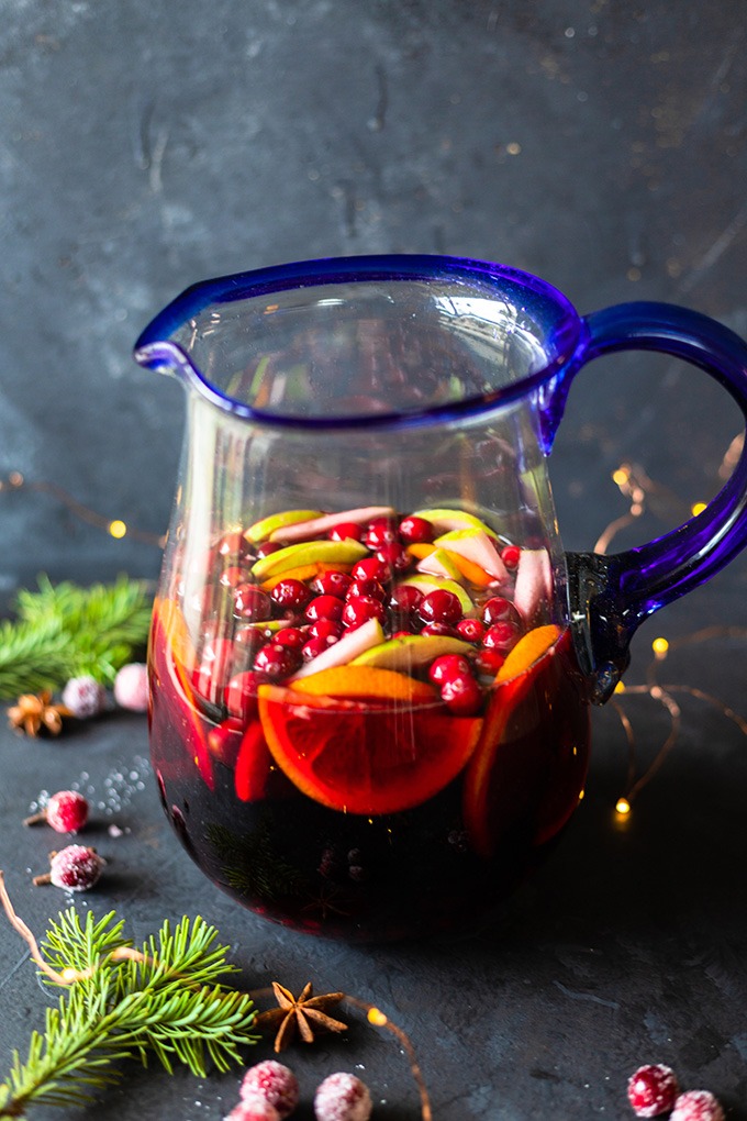 red wine and fruit in pitcher