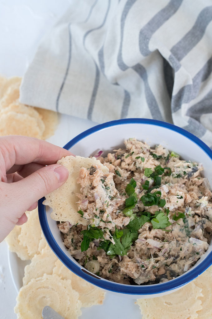 hand with cracker reaching out to grab salmon dip