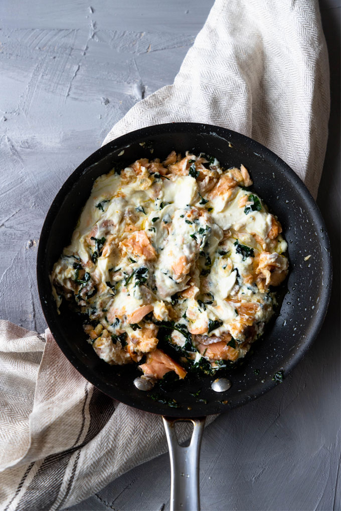 smoked salmon and ricotta in fry pan