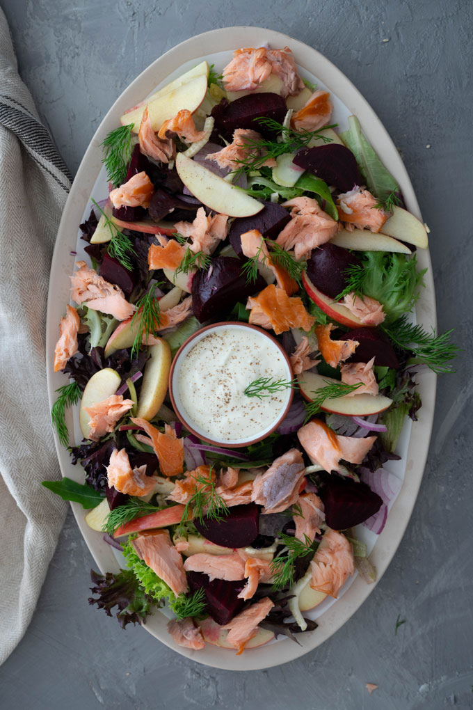 smoked salmon salad on large platter