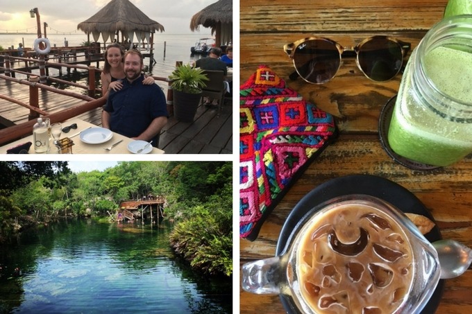 the honeymoon  collage from top - adam and I in a restaurant at sunset, cenotes and a coffee and a green juice