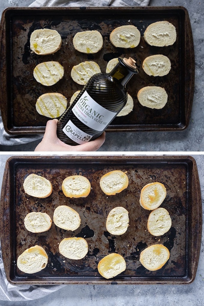 toasted bread collage top image - olive oil poured ont bread, bottom image - bread roasted on tray