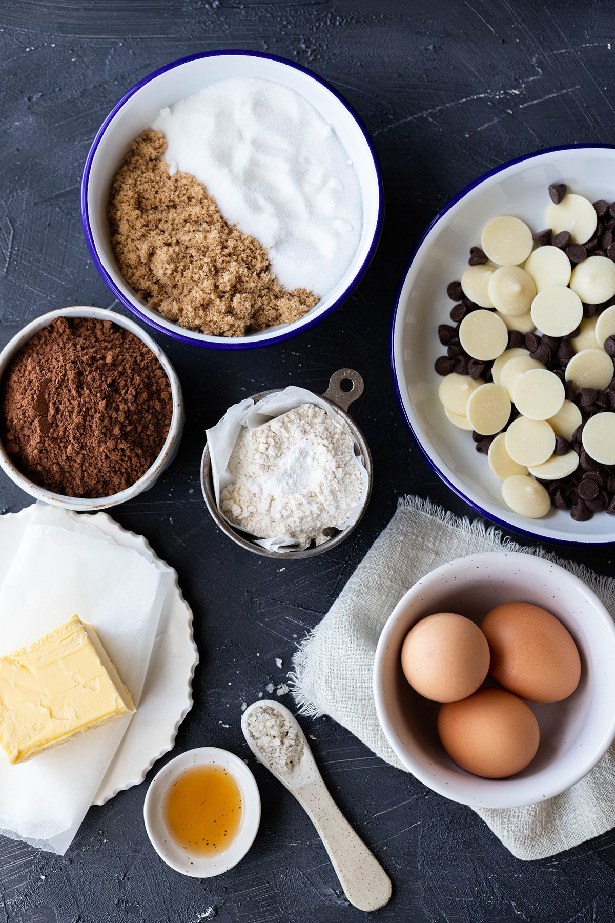 triple chocolate brownies ingredients on board 