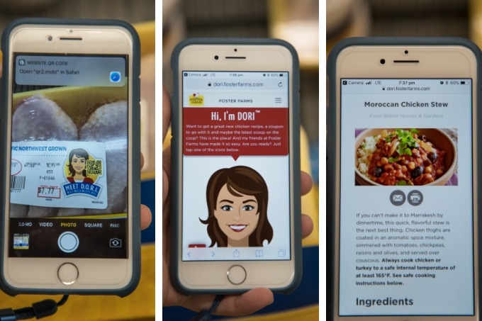 collage of three images. image 1 - phone over QR code, image 2 - foster farms DORI site open on phone image 3 - moroccan chicken stew on screen