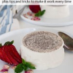 Pinterest graphic - vanilla panna cotta featured on white plate with white banner and text on top of image