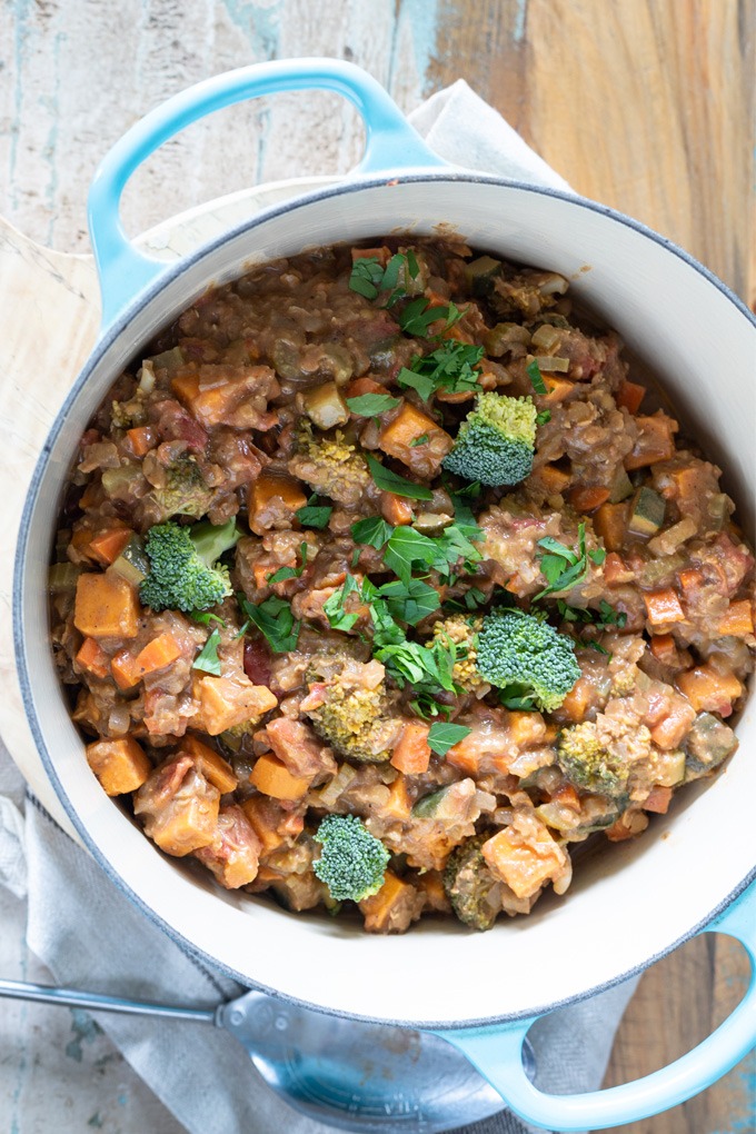 vegetable coconut curry in dutch oven