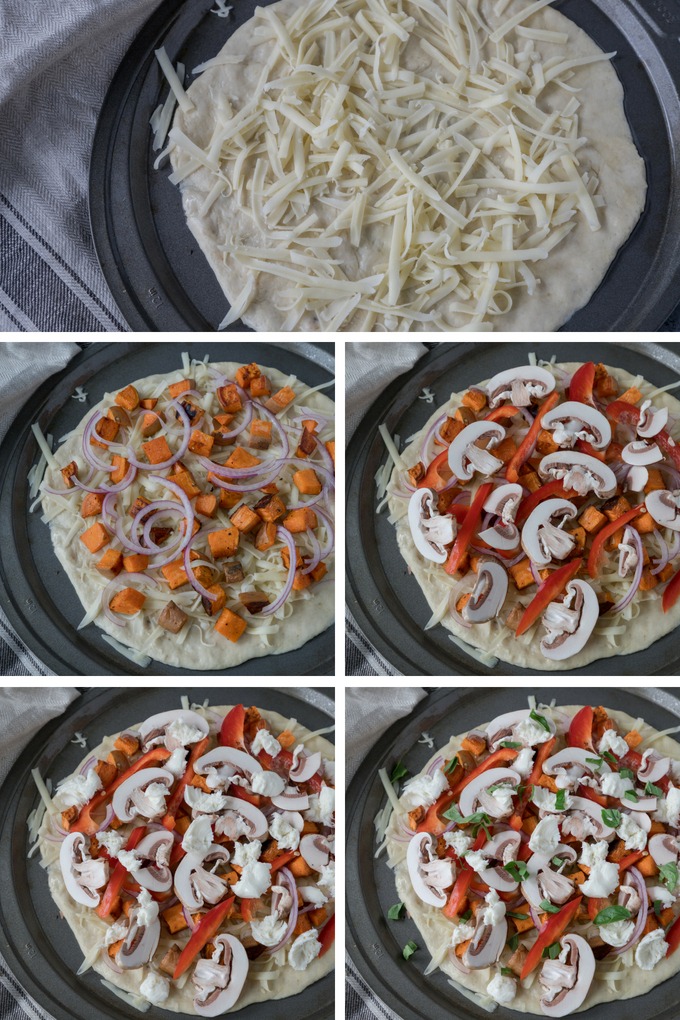 veggie pizza recipe collage. from top - pizza base with cheese, pizza with sweet potato and onion, pizza with pepper and mushroom added, pizza with more cheese, pizza with basil added