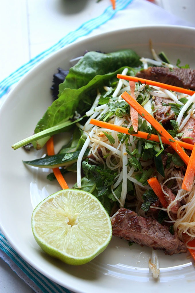 vietnamese beef salad on cream bowl